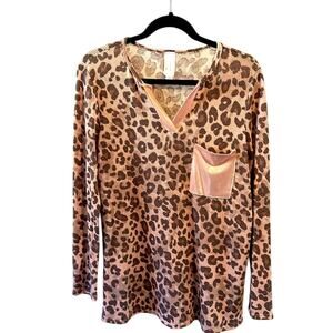 HoneyMe Small Brown/Tan Leopard Print Waffle Knit‎ Top NWOT